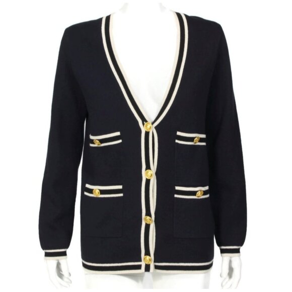 Alex Mill Greta Navy Blue White Stripe Trim Gold Button Cardigan Sweater XS /346 - Picture 3 of 9